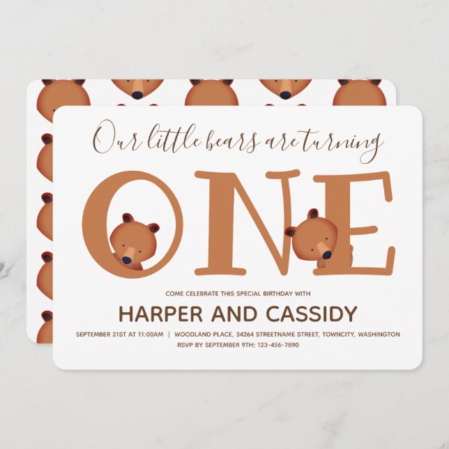 Invitation Bear Twins One mignon animal premier anniversaire (Devant / Derrière)