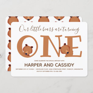 Invitation Bear Twins One mignon animal premier anniversaire