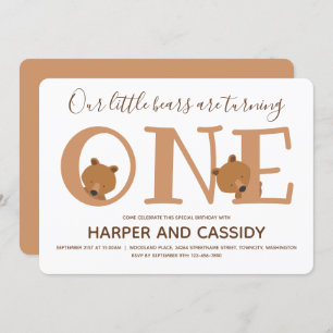 Invitation Bear Twins One mignon animal premier anniversaire