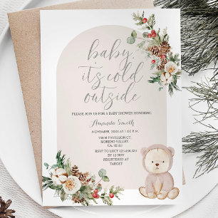 Invitation Bear Winter Berries Snowflakes Baby shower des arb
