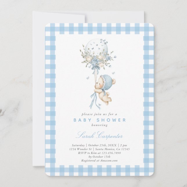 Invitation Bear with Balloon Baby Shower Boy (Devant)