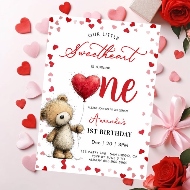 Invitation Bear with balloon Valentines 1st girl Birthday (Créateur téléchargé)