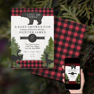 Invitation Bear Woodland Forest Buffalo Check Baby shower 5x7
