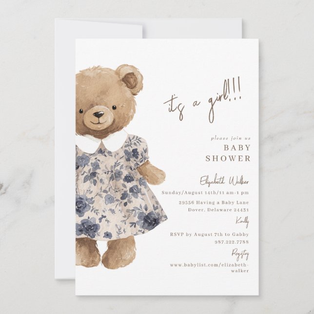 Invitation Bear-y Cute Teddy Bear It's a Girl Baby Shower (Devant)