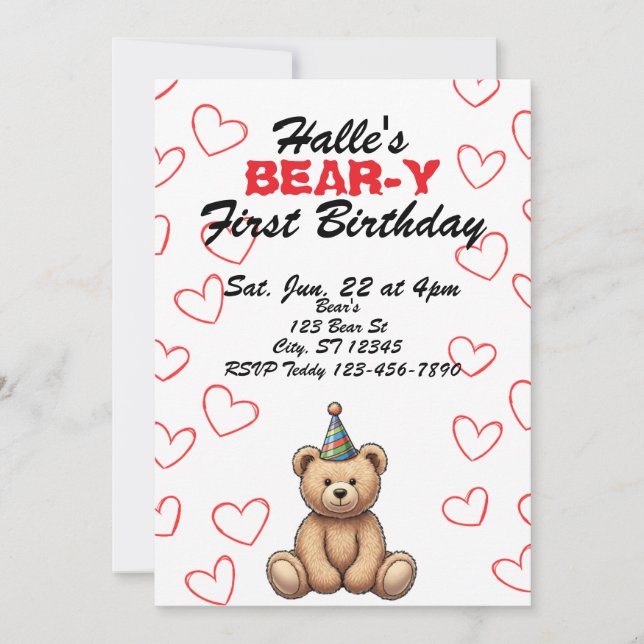 Invitation BEAR-Y First Birthday, cute teddy bear birthday (Devant)