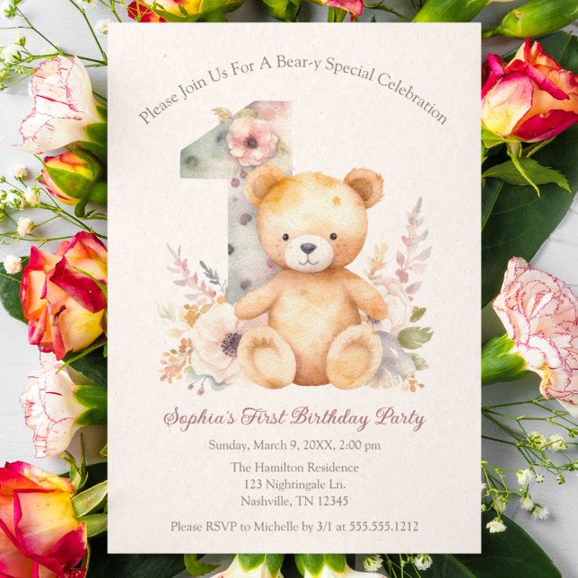 Invitation Bear-y Special Spring Floral First Birthday (Créateur téléchargé)