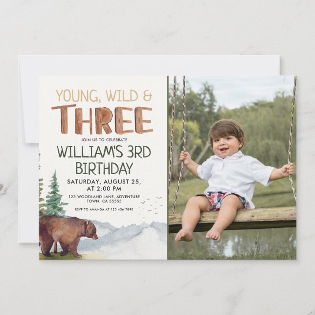 Invitation Bear-Young Wild and Three Boys 3e anniversaire (Devant)