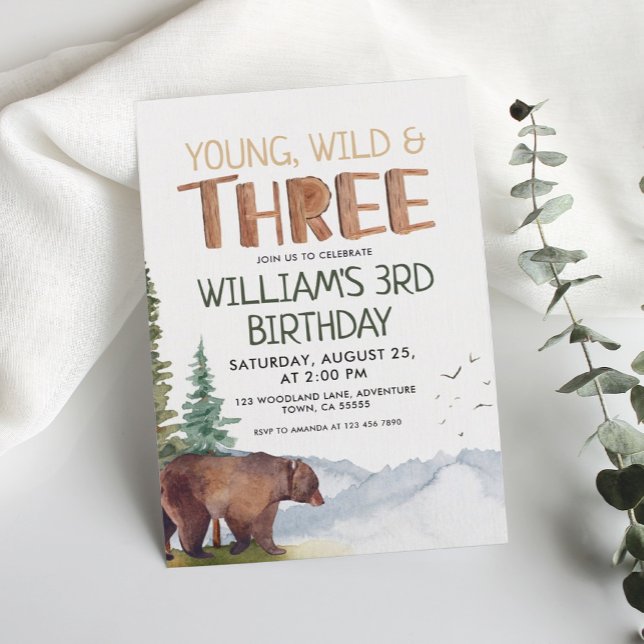 Invitation Bear-Young Wild and Three Boys 3e anniversaire (Créateur téléchargé)