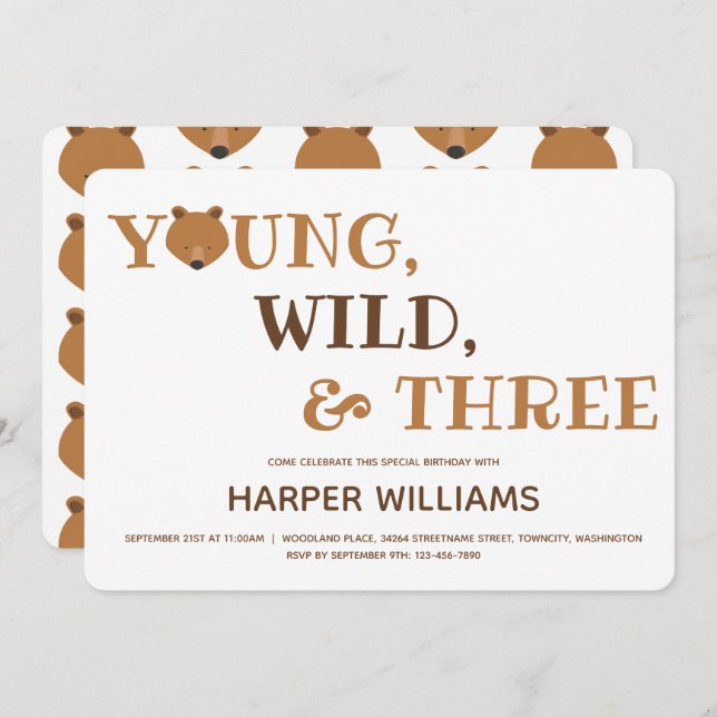 Invitation Bear Young Wild Three Kids 3e anniversaire (Devant / Derrière)