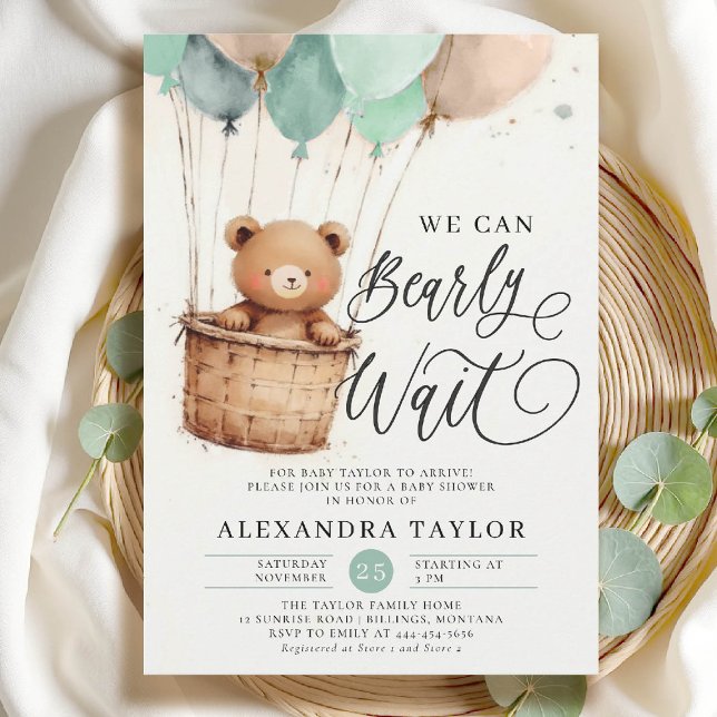 Invitation Bearly Hot Air Balloons Sage Green Baby Boy Shoy (bearly wait baby shower invitation boy sage green hot air balloons whimsical calligraphy watercolor)
