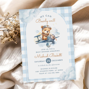 Invitation Bearly Wait Avion Teddy Bear Baby shower garçon