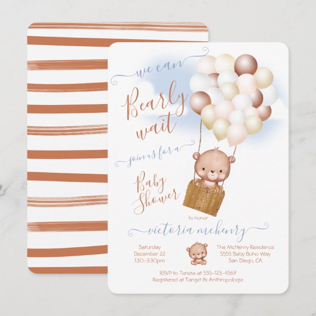 Invitation Bearly Wait Baby Shower Teddy Bear Balloons (Devant / Derrière)