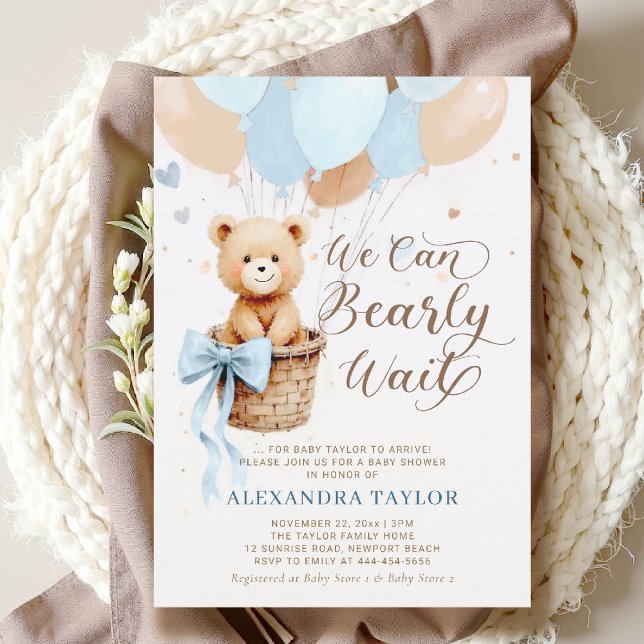 Invitation Bearly Wait Balloons Bow Blue Tan Boy Baby shower (bearly wait baby shower invitation boy blue brown hot air balloons bow calligraphy watercolor)