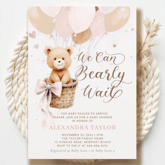 Invitation Bearly Wait Balloons Bow Blush Girl Baby shower (bearly wait baby shower invitation dusty pink hot air balloons bow calligraphy watercolor)