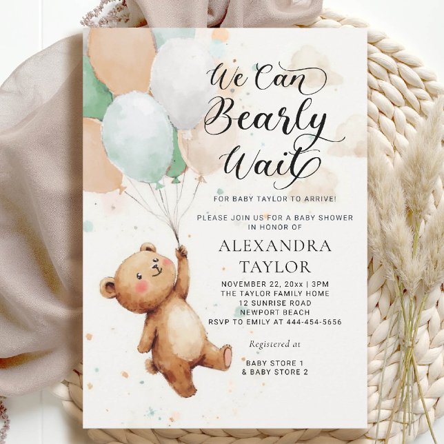 Invitation Bearly Wait Balloons Sage Tan Bear Bébé Garçon Dou (bearly wait baby shower invitation boy sage green tan balloons whimsical calligraphy watercolor)