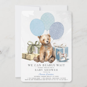 Invitation Bearly Wait Bear Blue Balloon Baby shower garçon