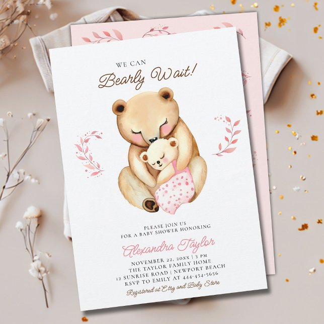 Invitation Bearly Wait Bear Cub Woodland Baby Girl Douche (we can bearly wait baby girl shower invitation mama bear cub woodland forest cute sweet animal)