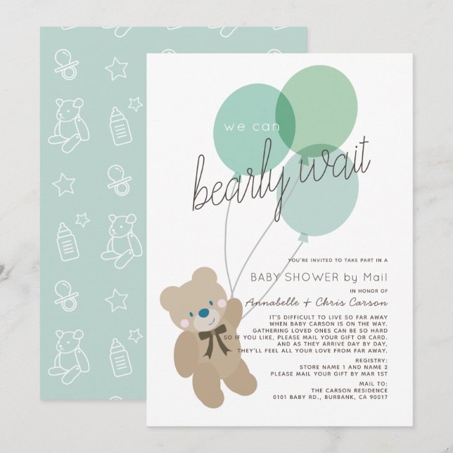 Invitation Bearly Wait Bear Mint Baby shower par courrier (Devant / Derrière)