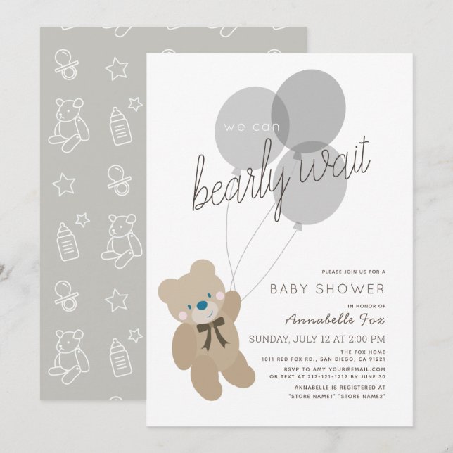 Invitation Bearly Wait Bear Sexe Baby shower gris neutre (Devant / Derrière)