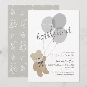 Invitation Bearly Wait Bear Sexe Baby shower gris neutre