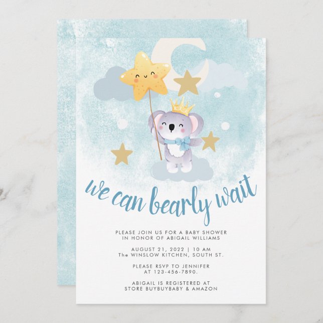 Invitation Bearly wait bleu ours étoile & ciel baby shower (Devant / Derrière)