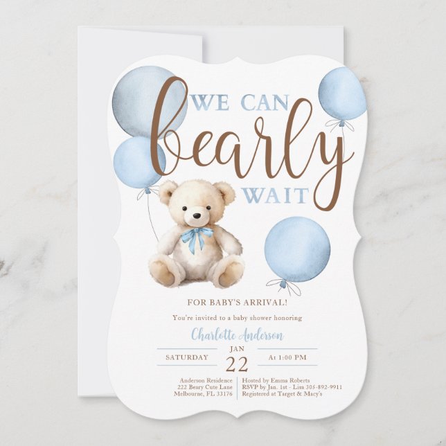 Invitation Bearly Wait Blue Balloon Teddy Bear Baby shower (Devant)