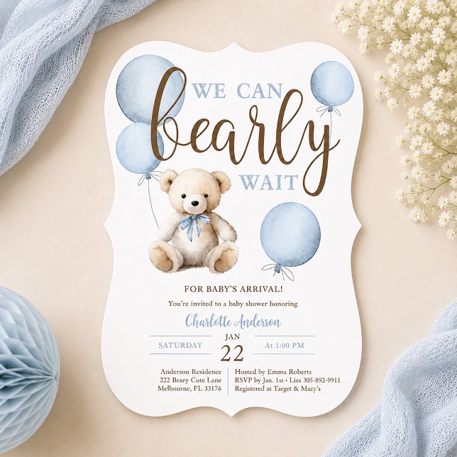 Invitation Bearly Wait Blue Balloon Teddy Bear Baby Shower (Blue Bearly waiting baby shower invite)