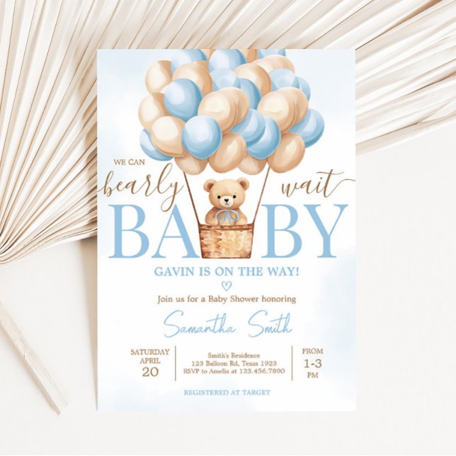 Invitation Bearly Wait Blue Hot Air Baby shower de ballon à a (Boy Baby Bear Balloons Baby Shower Invitation)