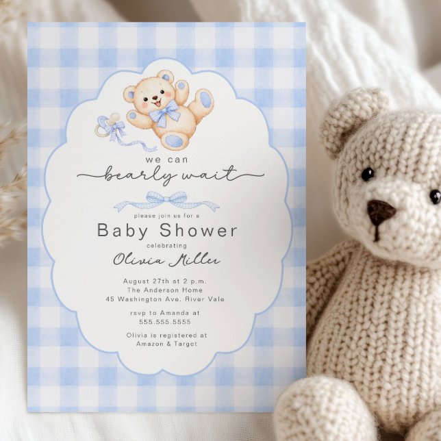 Invitation Bearly Wait Blue Teddy Bear Baby Shower Invite (Créateur téléchargé)