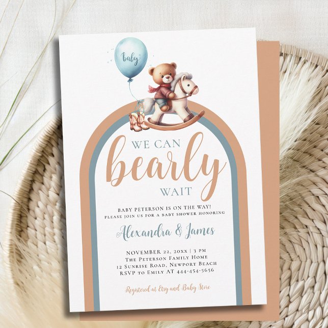 Invitation Bearly Wait Boho Arch Ours Rocking Baby Boy Douche (we can bearly wait baby boy shower invitation retro boho arch rocking chair balloon brown blue)