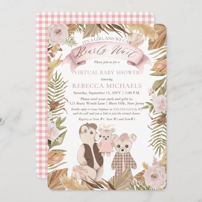 Invitation Bearly Wait Boho Bear Famille Baby shower virtuel  (Devant / Derrière)