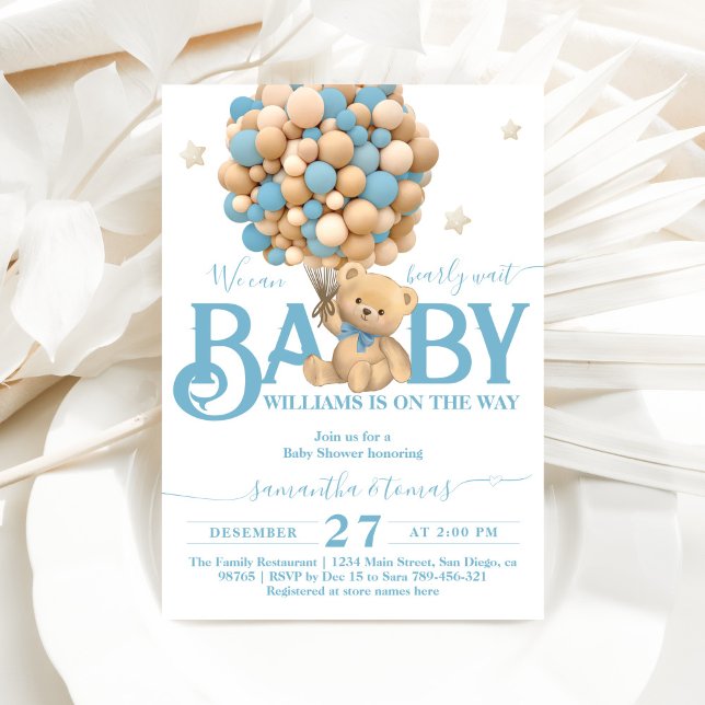 Invitation Bearly Wait Boho Blue Balloon Baby Boy Shoy (Créateur téléchargé)
