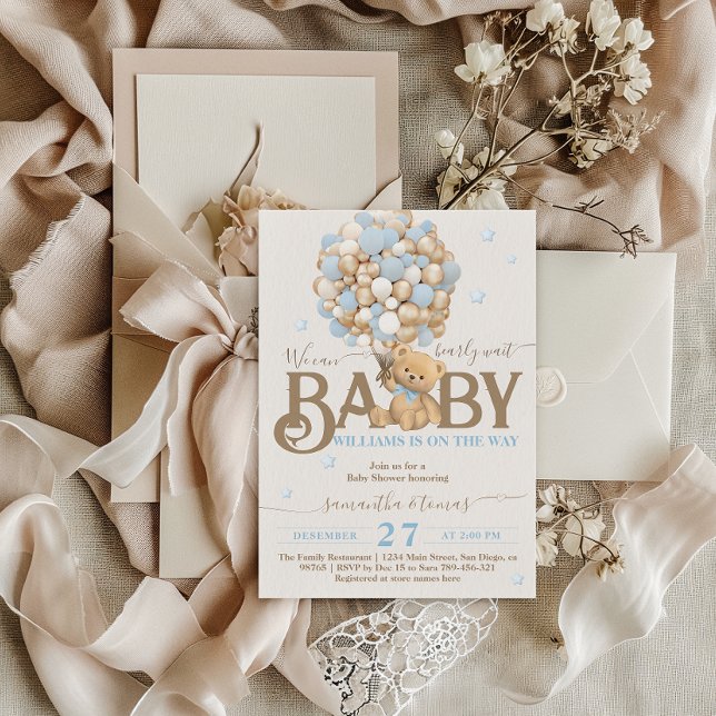 Invitation Bearly Wait Boho Blue Balloon Baby shower garçon (Créateur téléchargé)