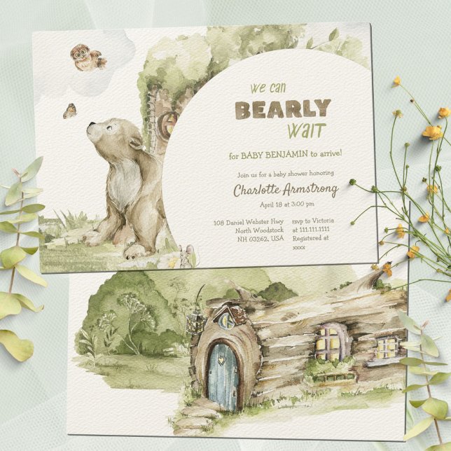 Invitation Bearly Wait Bois de Sage Vert Baby Shower (Hand-Painted Watercolor Bear Cub Baby Shower Invitation ©Susanne Sachers - Sunny Mind 🌞)