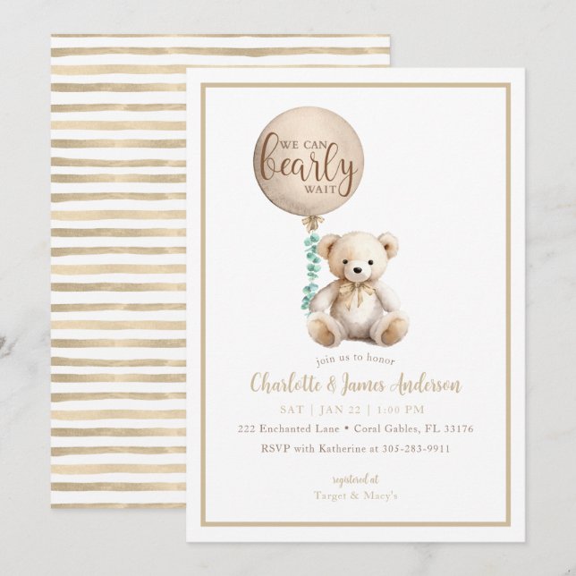 Invitation Bearly Wait Brown Teddy Bear Baby shower Invitatio (Devant / Derrière)