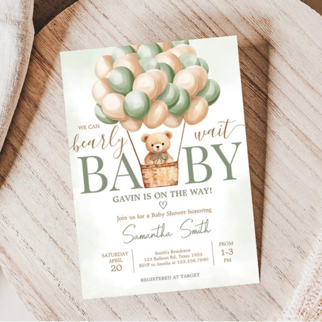 Invitation Bearly Wait Green Baby shower à ballon à air chaud (Gender Neutral Baby Bear Balloons Baby Shower Invitation)