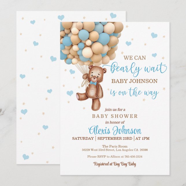 Invitation Bearly Wait Hot Air Balloon Baby shower (Garçon) (Devant / Derrière)