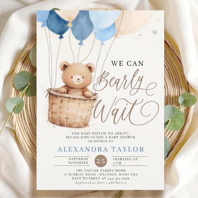 Invitation Bearly Wait Hot Air Balloon Ours Bébé Garçon Douch (bearly wait baby shower invitation boy blue brown hot air balloons whimsical calligraphy watercolor)