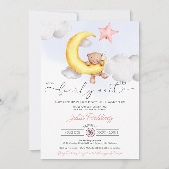 Invitation Bearly Wait Moon Star Teddy Bear Girl Baby shower (Devant)