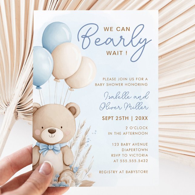 Invitation Bearly Wait Neutral Bleu et Baby shower blanc (Bearly Wait Neutral Blue and White Baby Shower Invitation)