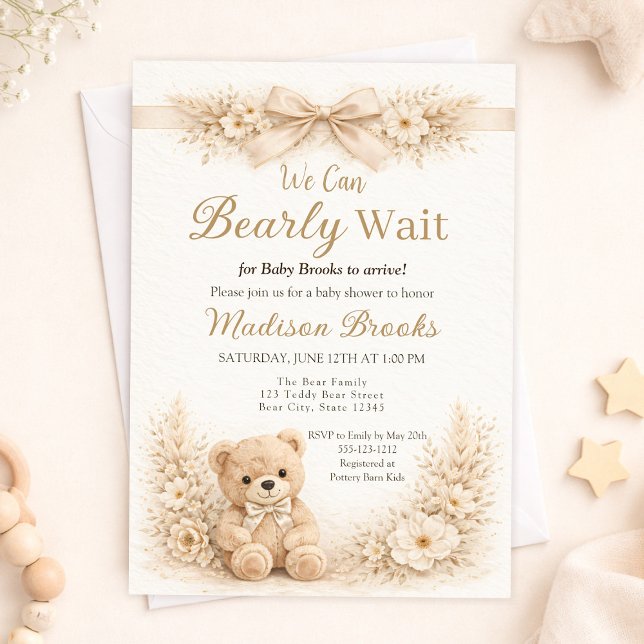 Invitation Bearly Wait Neutral Teddy Bear Baby Shower Boho (Créateur téléchargé)