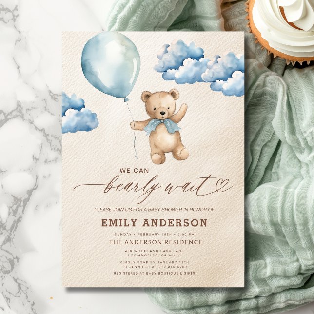 Invitation Bearly Wait Neutre Beige & Baby shower Garçon Bleu (Créateur téléchargé)