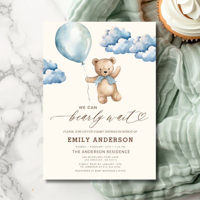 Invitation Bearly Wait Neutre Beige & Baby shower Garçon Bleu (Créateur téléchargé)