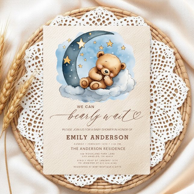 Invitation Bearly Wait Neutre Beige & Baby shower Garçon Bleu (Créateur téléchargé)