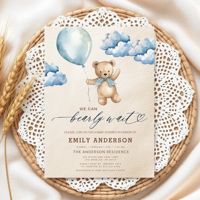 Invitation Bearly Wait Neutre Beige & Baby shower Garçon Bleu (Créateur téléchargé)
