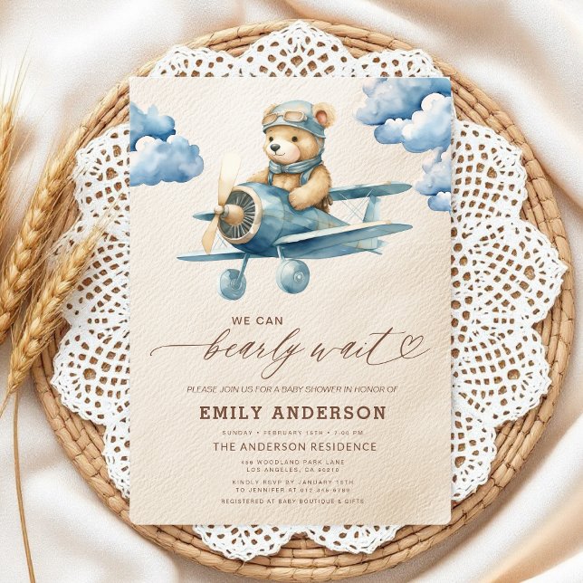 Invitation Bearly Wait Neutre Beige & Baby shower Garçon Bleu (Créateur téléchargé)