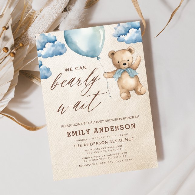 Invitation Bearly Wait Neutre Beige & Baby shower Garçon Bleu (Créateur téléchargé)