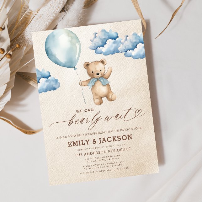 Invitation Bearly Wait Neutre Beige & Baby shower Garçon Bleu (Créateur téléchargé)