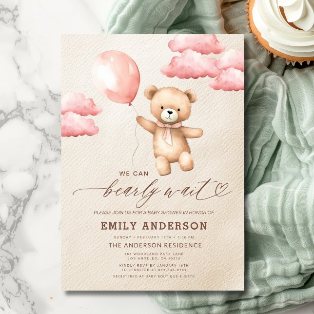 Invitation Bearly Wait Neutre Beige & Baby shower Rose fille (Créateur téléchargé)