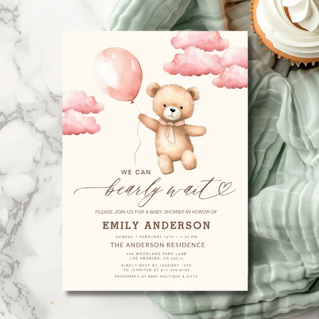 Invitation Bearly Wait Neutre Beige & Baby shower Rose fille (Créateur téléchargé)